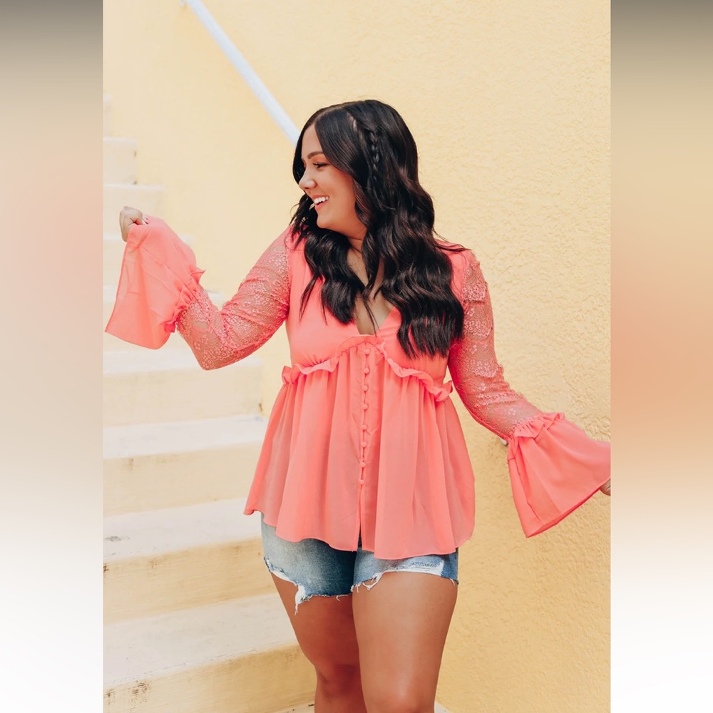 Coral Lace Bell Sleeve Blouse